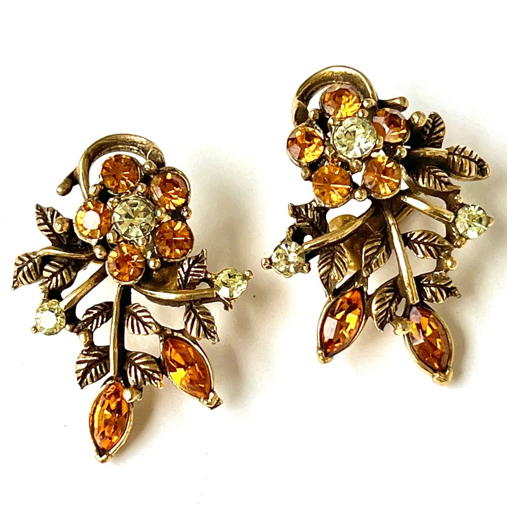 CORO Vintage Rhinestone Floral Ear Clips Honey Amber Gold Botanical Earrings